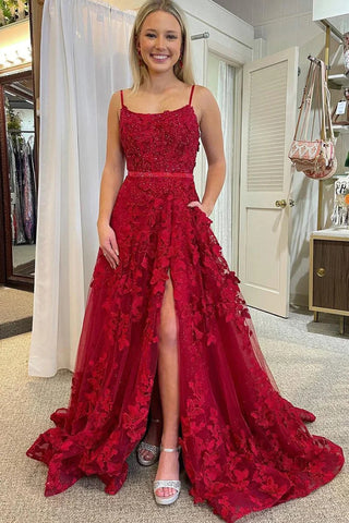 A Line Scoop Neck Red Sequins Lace Long Prom Dresses VL011813