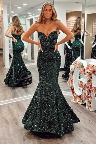 Dark Green Sequin Strapless Trumpet Long Prom Dress VL011628