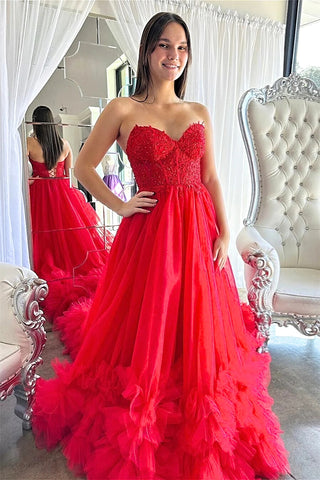 Red Floral Strapless A-line Ruffle Layers Long Prom Dress VL011809