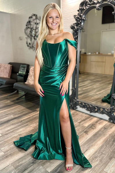 Charming Mermaid Off the Shoulder Green Satin Long Prom Dresses with Slit VL24102210