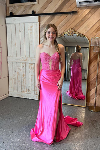 Mermaid Sweetheart Fuchsia Satin Long Prom Dress with Slit VL020604