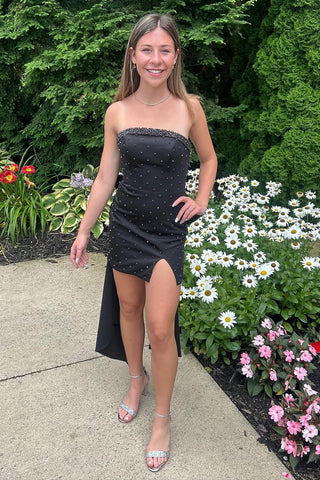 Bodycon Strapless Black Beaded Short Homecoming Dresses with Bow VL24073001