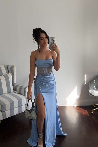 Cute Mermaid Straps Light Blue Satin Slit Long Prom Dresses with Beading VL24120906