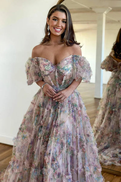 Gorgeous A Line Off the Shoulder Lilac Floral Printed Corset Prom Dress VL012808