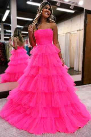 A Line Strapless Hot Pink Long Prom Dress with Ruffles VL011207