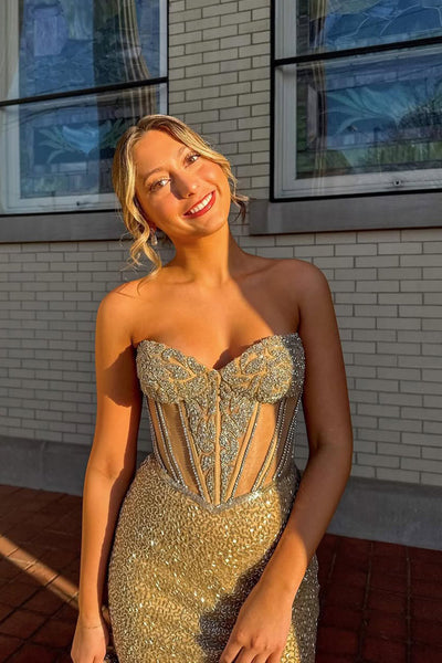 Cute Mermaid Sweetheart Gold Sequins Slit Prom Dress with Beading VL24121803