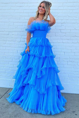 Charming A Line Strapless Blue Long Prom Dress with Ruffles VL011319