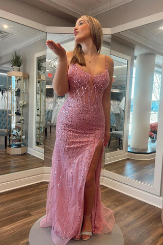 Mermaid Scoop Neck Pink Sequins Long Prom Dresses with Slit VL030102