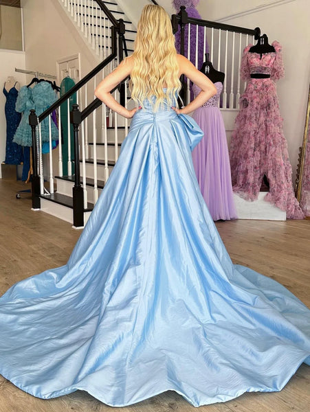 A Line Strapless Light Blue Taffeta Slit Prom Dress with Bow VL251201