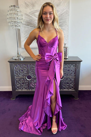 Charming Mermaid V Neck Purple Satin Long Prom Dresses with Bow VL24092704