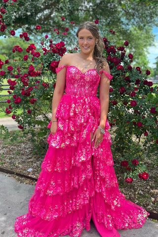 Pretty A Line Off the Shoulder Fuchsia Sequins Long Prom Dresses with Slit VL24070803