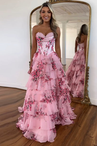 Cute Ball Gown Sweetheart Floral Printed Tiered Prom Dress with Slit VL24122401