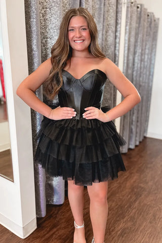 Black A-Line Strapless Tiered Short Homecoming Dresses VL24072503