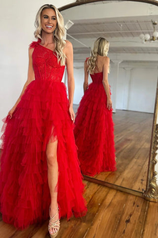 Simple A-Line One Shoulder Long Red Ruffle Prom Dress With Split VL011907