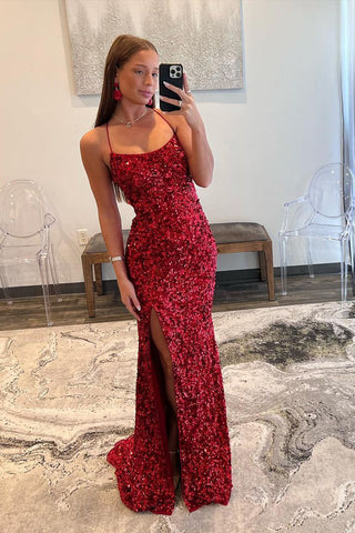 Cute Mermaid Scoop Neck Sparkly Red Sequins Prom Dress with Slit VL122310