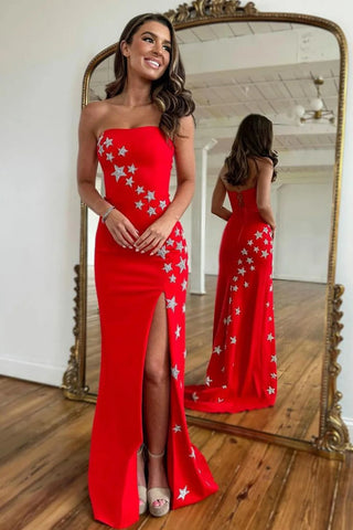 Mermaid Strapless Red Long Prom Dress with Split Front VL011401