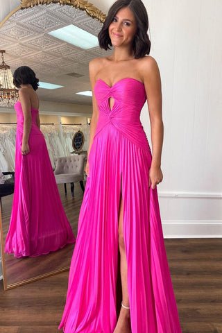 Cute A Line Sweetheart Pink Pleat Chiffon Slit Prom Dress VL24122506