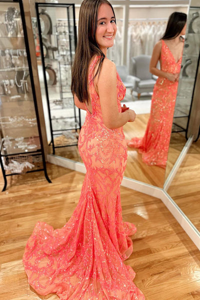 Cute Mermaid V Neck Coral Sequins Long Prom Dress VL122605