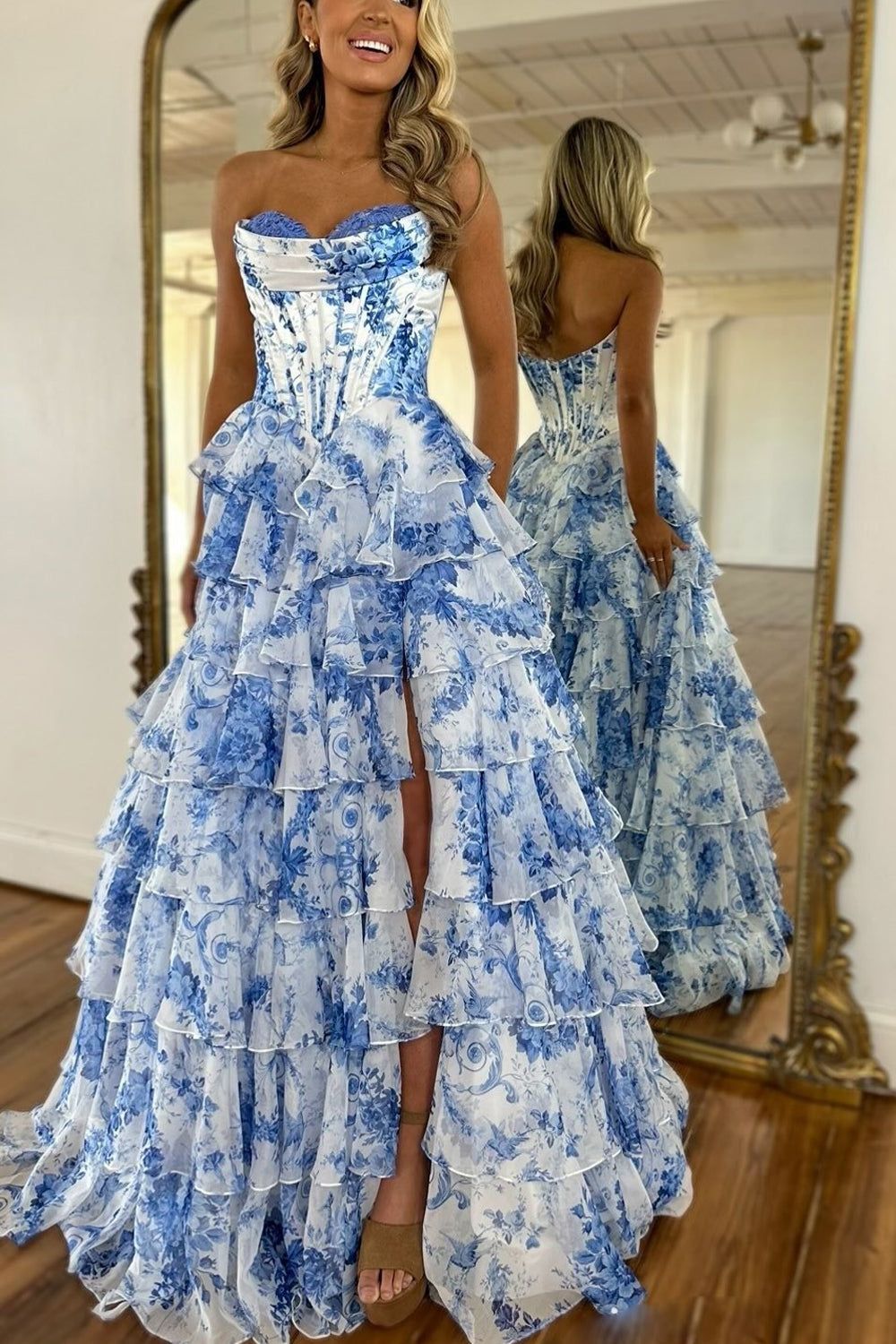 Cute Ball Gown Sweetheart Floral Printed Tiered Prom Dress with Slit VL24122401