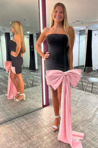 Bodycon Strapless Black Satin Short Homecoming Dresses with Pink Bow VL24071006