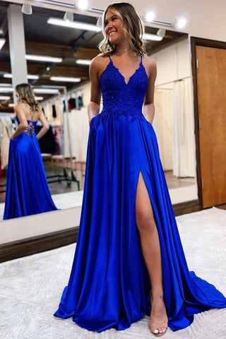 A Line Spaghetti Straps Royal Blue Long Prom Dress with Appliques VL011407