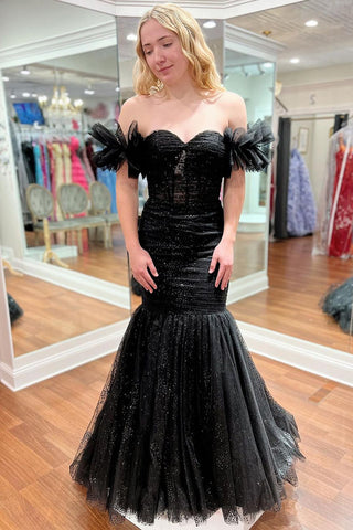 Black Strapless Sequins Tulle Long Prom Dresses with Sleeves VL030403