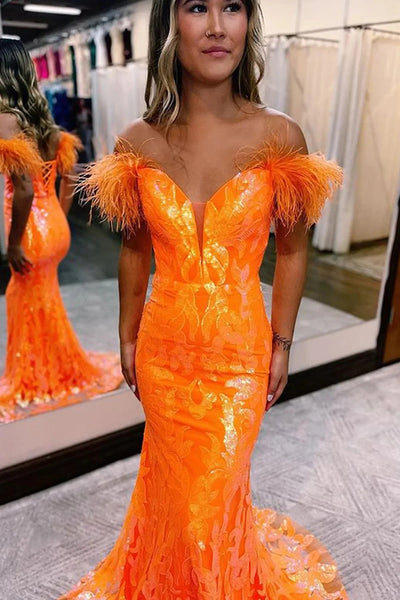 Mermaid Off the Shoulder Orange Long Prom Dress with Feathers VL011235