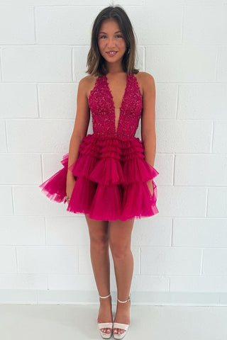 Cute A Line Fuchsia Tulle Short Homecoming Dresses with Appliques VL24081804