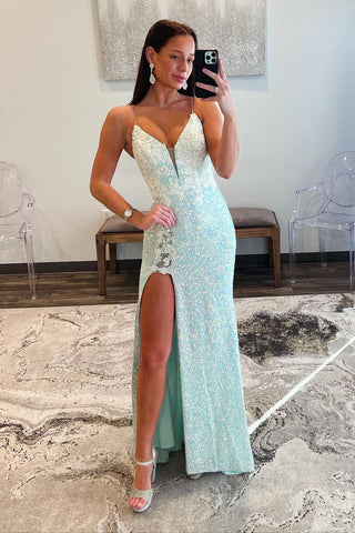 Spaghetti Straps Mint Sequins Mermaid Long Prom Dresses with Slit VL022601