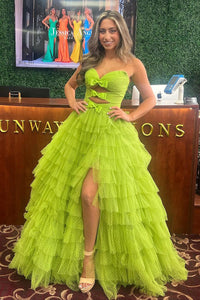 Unqiue A-Line Strapless Green Ruffle Tiered Tulle Long Prom Dress with Slit VL4062601