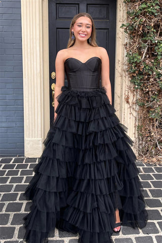 Black Strapless A-line Multi-Layers Tulle Long Prom Dress VL012106