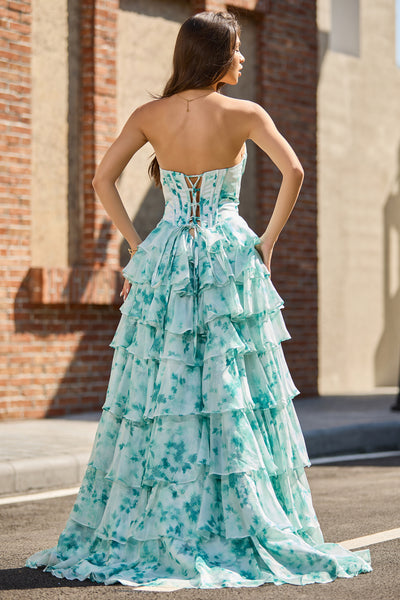 A Line Sweetheart Sage Chiffon Tiered Prom Dress with Slit VL25122105