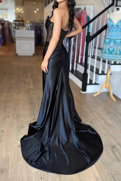 Mermaid Strapless Black Corset Prom Dress with Split Front VL011326