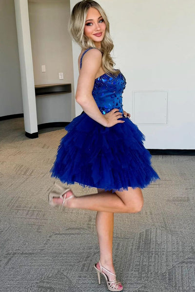 A Line Straps Royal Blue Tiered Tulle Short Homecoming Dresses with Beading VL24071005