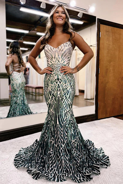 Charming Mermaid V Neck Gradient Grey Green Sequins Long Prom Dress VL012108