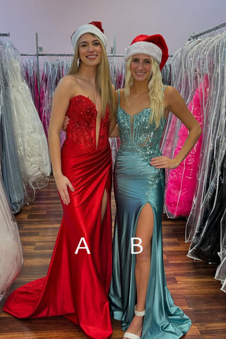 Cute Mermaid Sweetheart Red Satin Slit Prom Dress with Appliques VL24122501