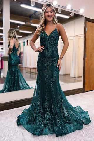 Hunter Green Tulle Lace V-Neck Trumpet Long Prom Gown VL011314