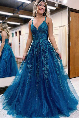 Glitter Blue Lace A-Line Long Prom Dress VL011410