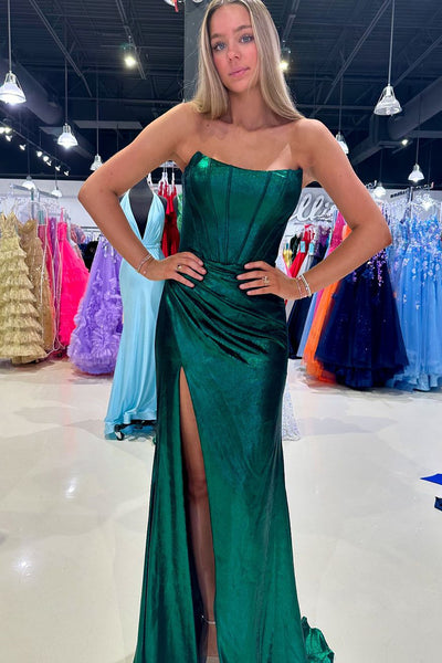 Charming Mermaid Scoop Neck Green Satin Long Prom Dresses with Slit VL24103103