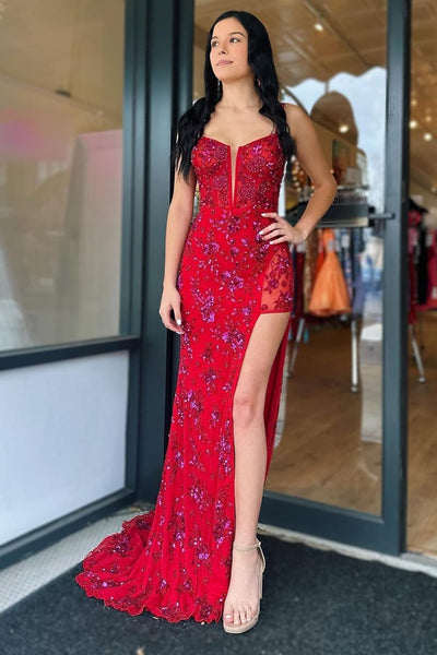 Mermaid Spaghetti Straps Red Corset Long Prom Dress VL011317