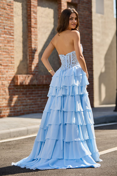A Line Sweetheart Light Blue Chiffon Tiered Prom Dress with Slit VL25122101