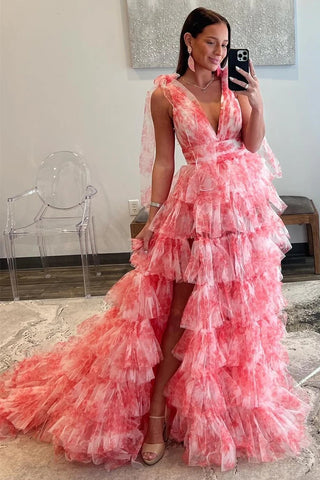 Coral Print Plunge V Ruffle Tiered Long Prom Dress VL011318