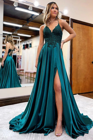 A Line Spaghetti Straps Green Long Prom Dress with Appliques VL011406