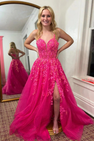 Hot Pink Floral A-line Layers Long Prom Dress with Slit VL0112002