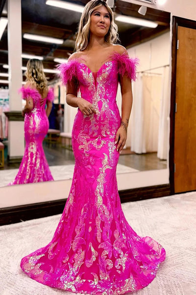 Mermaid Off the Shoulder Fuchsia Long Prom Dress with Feathers VL011232