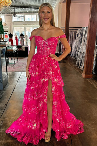 Sparkly Fuchsia Tiered Long Lace Prom Dress with Slit VL011243