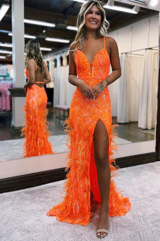 Mermaid V Neck Orange Sequins Lace Long Prom Dress with Feather VL011250