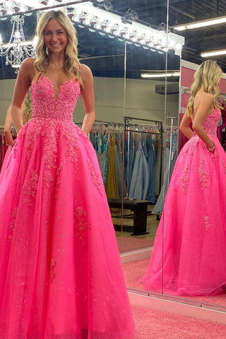 V Neck Pink A Line Lace Long Prom Dress VL012016