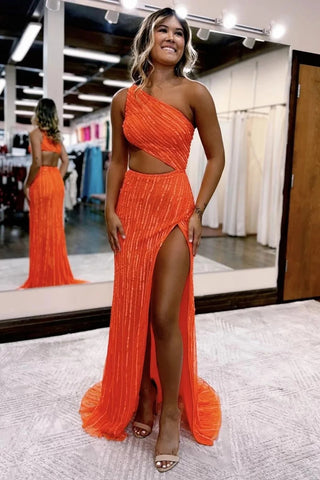 Mermaid One Shoulder Orange Cut Out Prom Dress with Split Front VL011337