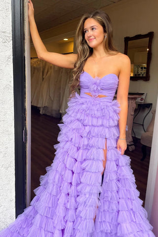 Lavender Strapless Layers A-line Ruffled Long Prom Dress with Slit VL0112001